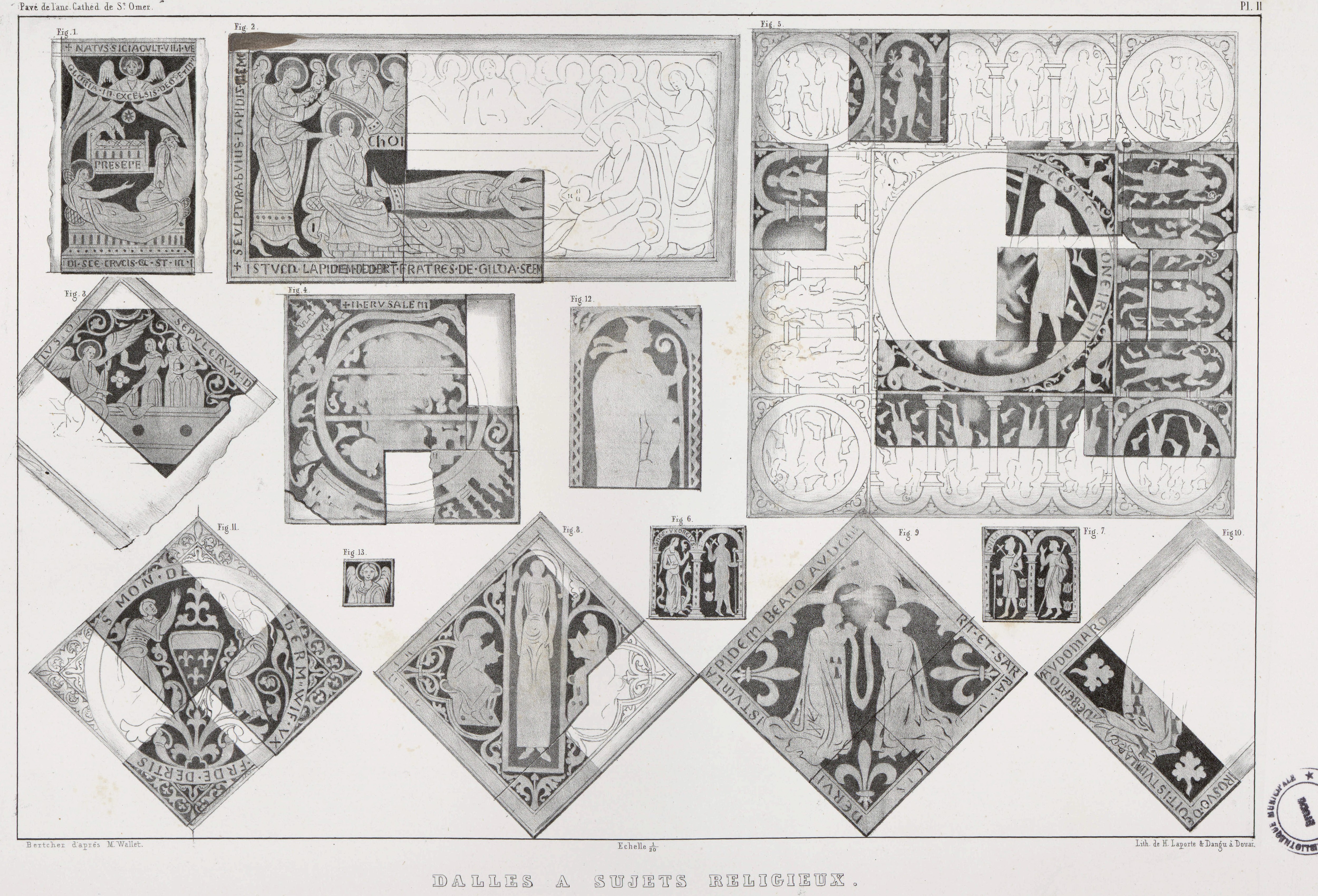 
Planche II : Dalles à sujets religieux, Bertcher d’après M. Wallet, lithographie de H. Laporte et Dangu (CPE 653-79 bis/2)